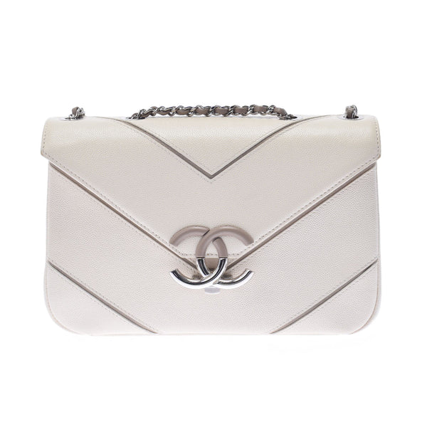 CHANEL Chanel Bicolor Chain White/Beige Silver Bracket Ladies Caviar Skin Shoulder Bag A Rank used Ginzo