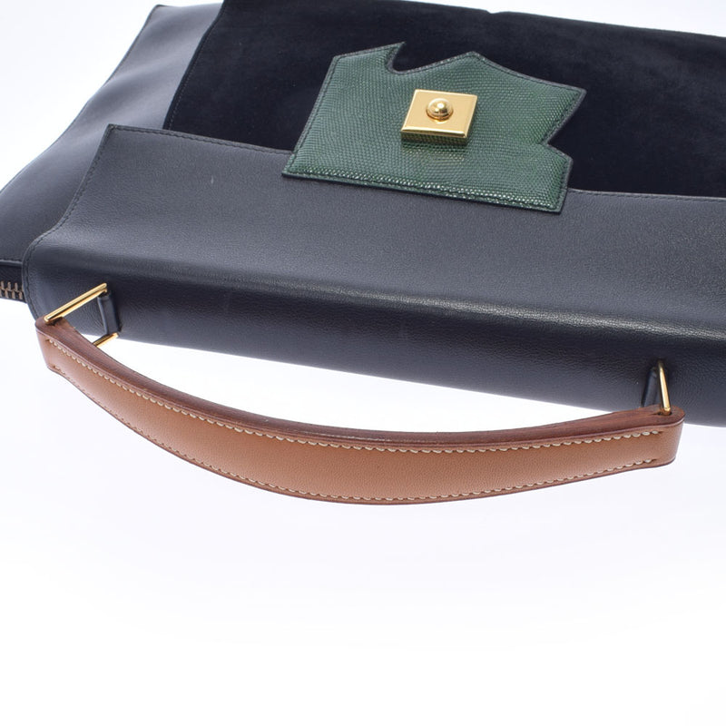 HERMES Hermes President Black/Green/Tea Gold Bracket Men's Voga River Handbag A Rank Used Ginzo