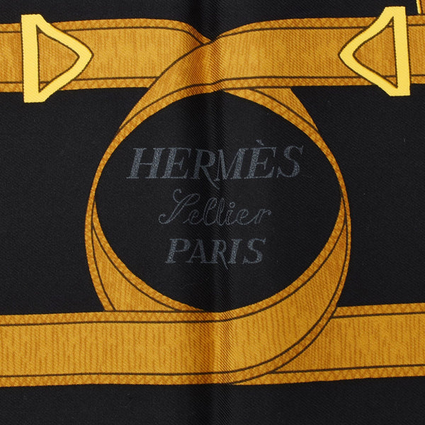 HERMES エルメス カレ90 黄金の拍車 黒×ゴールド レディース シルク100％ スカーフ Aランク 中古 銀蔵