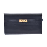 HERMES HERMES HERMES KELLY WALLET BLACK GOLD BRACKET D雕刻（2019年左右）女士Epson Long Wallet A等级使用Ginzo