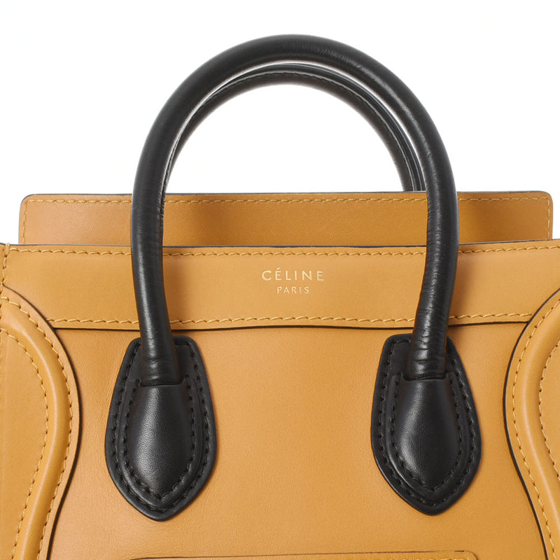 CELINE セリーヌ ラゲージ ナノショッパー 2WAY 黄/黒 ゴールド金具 レディース カーフ ハンドバッグ ABランク 中古 銀蔵