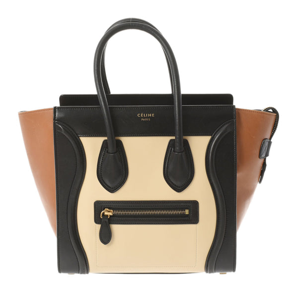 CELINE Celine Micro Luggage Tricolor Black/Beige/Tea Ladies Calf Handbag B Rank used Ginzo