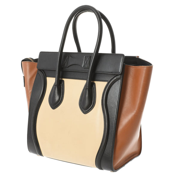 CELINE セリーヌ マイクロラゲージ  トリコロール 黒/ベージュ/茶 レディース カーフ ハンドバッグ Bランク 中古 銀蔵