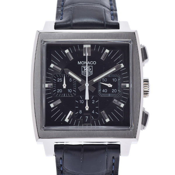 TAG HEUER Tag Hey Monaco Chronograph CW2111.FC6171 Men's SS/Leather Watch Automatic Black Dial A Rank used Ginzo
