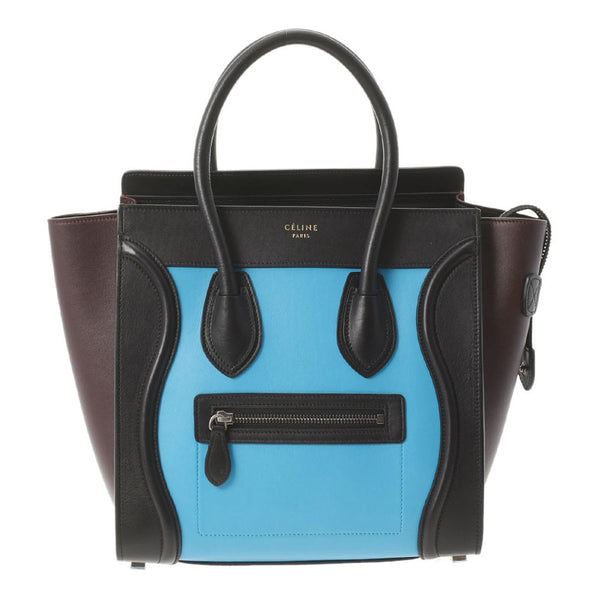 CELINE セリーヌ ラゲージ マイクロショッパー 黒/青/茶 シルバー金具 レディース  カーフ ハンドバッグ ABランク 中古 銀蔵