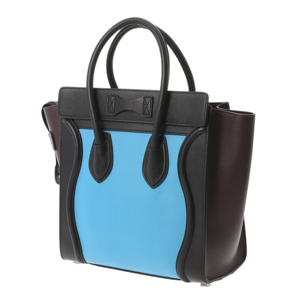 CELINE セリーヌ ラゲージ マイクロショッパー 黒/青/茶 シルバー金具 レディース  カーフ ハンドバッグ ABランク 中古 銀蔵