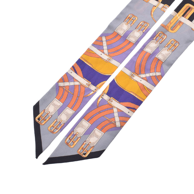 HERMES Hermes twilly old tag belt pattern purple/yellow/black ladies silk 100 % scarf A ranked Ginzo