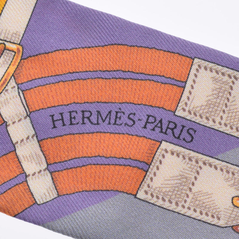 HERMES エルメス ツイリー 旧タグ ベルト柄 紫/黄/黒 レディース シルク100％ スカーフ Aランク 中古 銀蔵