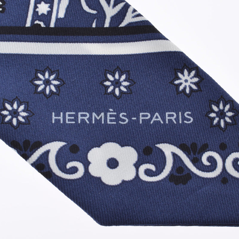 HERMES Hermes Twilly Old Tag Plant Animal Pattern Blue/White Ladies Silk 100 % Scarf AB Rank Used Ginzo