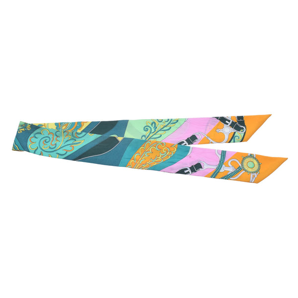 HERMES Hermes twilly old tag belt floral pattern orange/green ladies silk 100 % scarf AB rank used Ginzo