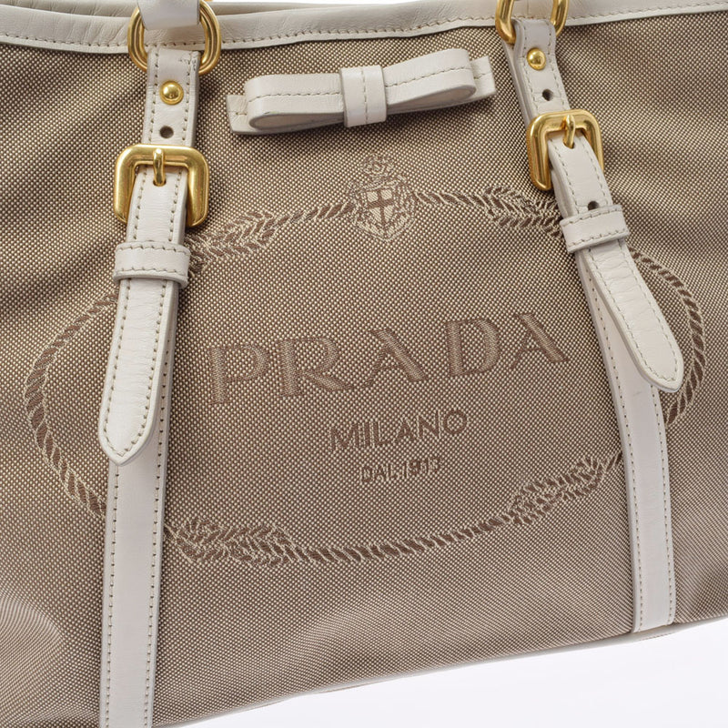 PRADA Prada 2WAY Handbag Beige/White Gold Bracket Ladies Jacquard/Leather 2WAY Bag AB Rank Used Ginzo