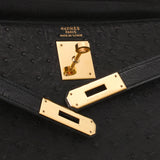 HERMES Hermes Hermes Kelly 32 outer sewing 2WAY Bag Black Gold Bracket ○ T engraved (around 1990) Ladies Ostrich Handbag AB Rank Used Ginzo