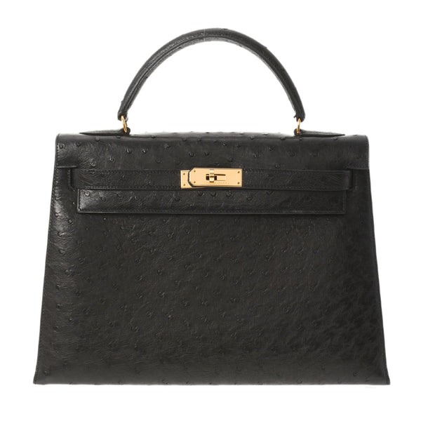 HERMES Hermes Hermes Kelly 32 outer sewing 2WAY Bag Black Gold Bracket ○ T engraved (around 1990) Ladies Ostrich Handbag AB Rank Used Ginzo