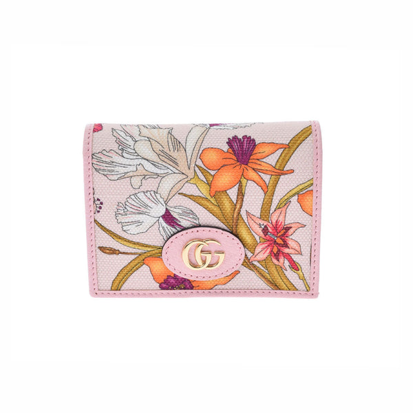 GUCCI Gucci Flora Compact Wallet Pink 577347 Ladies canvas calf Bi -fold wallet unused Ginzo