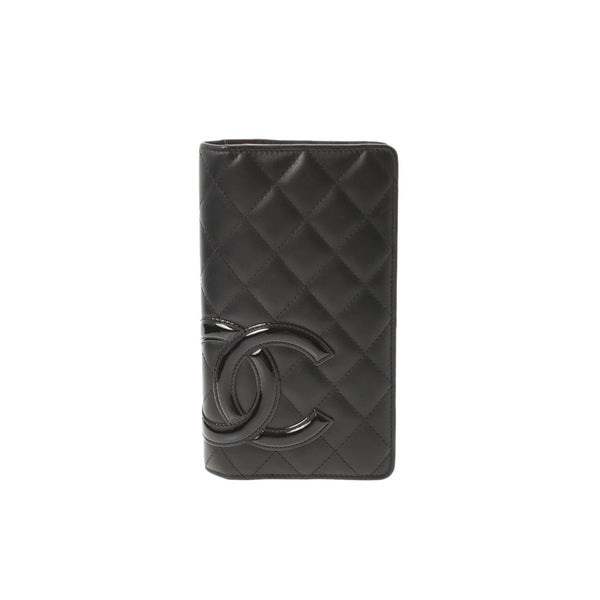 CHANEL Chanel Cambon Line Bi -fold Black/Black Ladies Ram Skin/Enamel Wallet AB Rank Used Ginzo