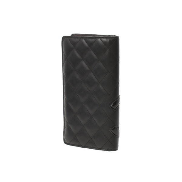 CHANEL Chanel Cambon Line Bi -fold Black/Black Ladies Ram Skin/Enamel Wallet AB Rank Used Ginzo
