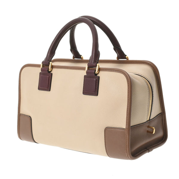 LOEWE Loewe Amasona Beige/Brown/Bordeaux Gold Bracket Ladies Calf Handbag AB Rank Used Ginzo