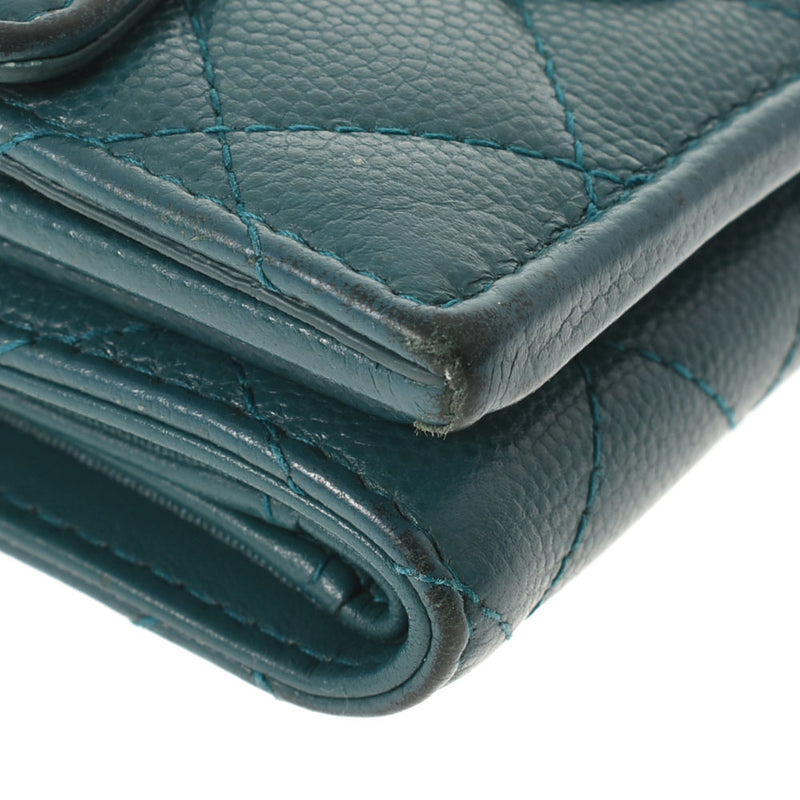 CHANEL Chanel Matrasse Compact Wallet Green Silver Bracket Ladies Caviar Skin Three Fold Wallet B Rank Used Ginzo
