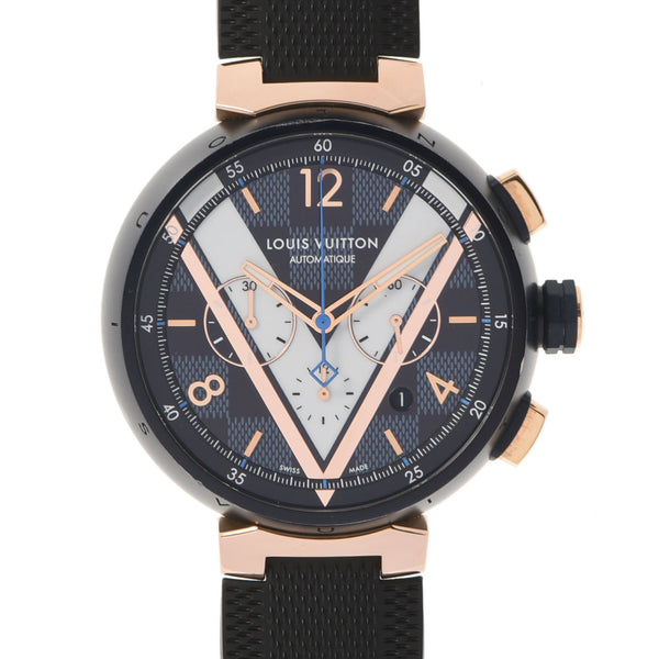 LOUIS VUITTON Louis Vuitton Tambul Otomatic Chrono Dami Dami Cobalt V Navy QA090Z Men's SS/PG/Rubber Watch Automatic winding Navy Dial A Rank used Ginzo