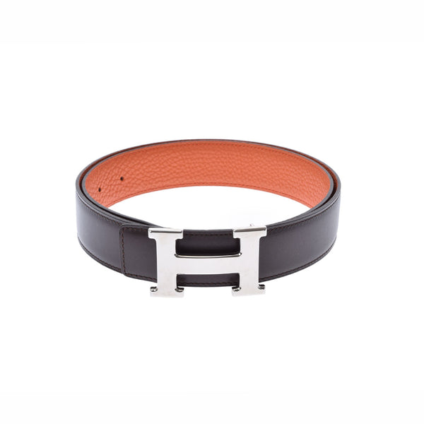 HERMES Hermes H -belt 85cm Reversible Orange/Kouge Silver Bracket □ M -engraved (around 2009) Men's Togo/BOX Curf Belt AB Rank used Ginzo