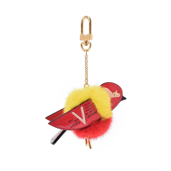 LOUIS VUITTON ルイヴィトン ビジューサック トラベリング 鳥モチーフ バッグチャーム 赤/黄 ゴールド金具 M67390 メンズ レザー/ファー キーホルダー Aランク 中古 銀蔵