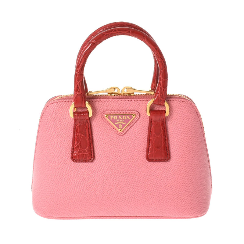 PRADA Prada Mini Shoulder Bag 2WAY Pink/Red Gold Bracket 1BH851 Ladies Safiano/Croco Handbag A Rank Used Ginzo