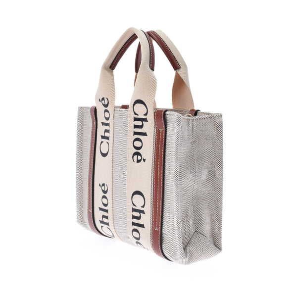 CHLOE Chloe Woody Small Tote Tea/Gray Ladies Towaru Shevron Cotton/Calf Leather Handbag Unused Ginzo