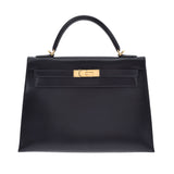 HERMES Hermes Hermes Kelly 32 outer sewing 2WAY Black Gold Bracket □ G engraved (around 2003) Ladies Box Carf Handbag A Rank Used Ginzo