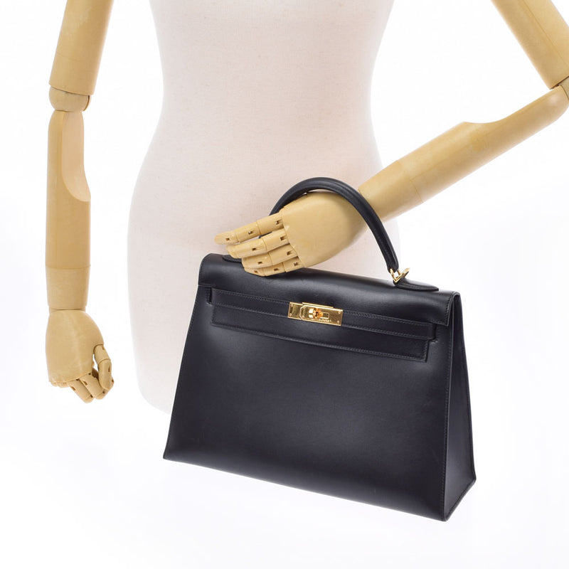 HERMES HERMES HERMES KELLY 32外缝制2way黑色金支架□G雕刻（大约2003年）女士盒子carf手提包A级使用Ginzo