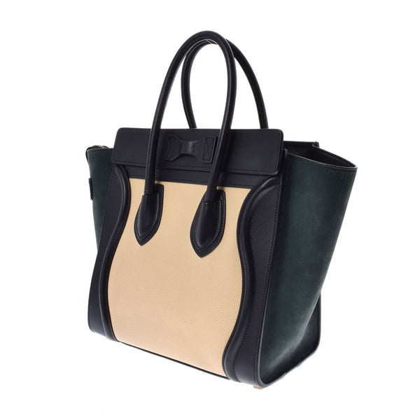 CELINE セリーヌ ラゲージ マイクロショッパー 黒/ベージュ/カーキ レディース カーフ スウェード ハンドバッグ Bランク 中古 銀蔵