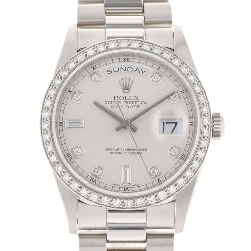 ROLEX Rolex Day Date Besel Diamond New Nasturbation 10P Diamond 18346A Men's PT Watch Automatic Silver Dial A Rank used Ginzo