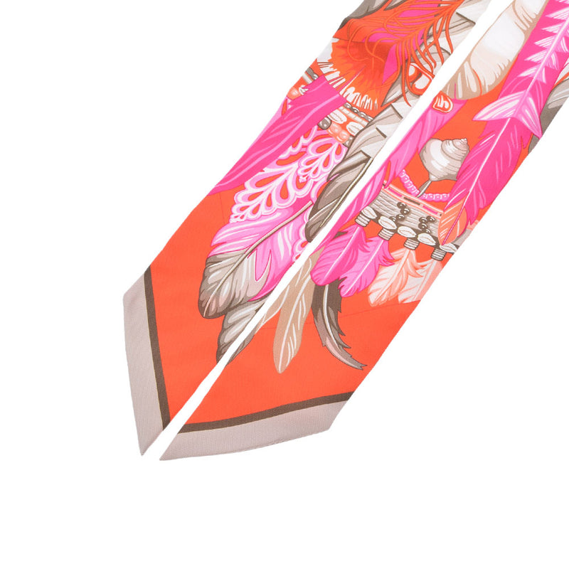 爱马仕爱马仕（Hermes Hermes）twilly羽毛图案粉红色/红色女士丝绸100％围巾一级使用Ginzo