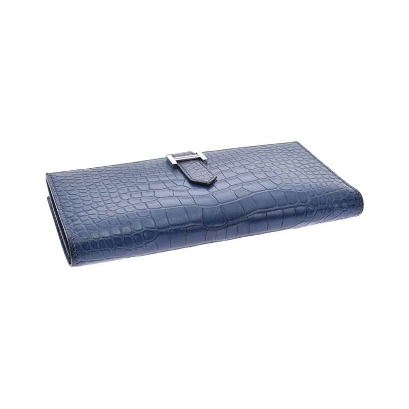 HERMES Hermes Bears Frequet Blue Saffir Silver Bracket C engraved (around 2018) Ladies alligator long wallet AB rank used Ginzo