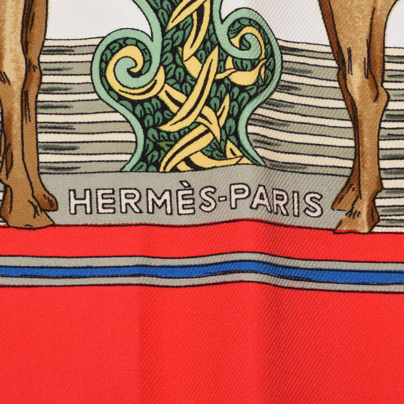 HERMES エルメス カレ90 Au fil de la sole / 絹糸の赴くままに 赤/白 レディース シルク100％ スカーフ Aランク 中古 銀蔵