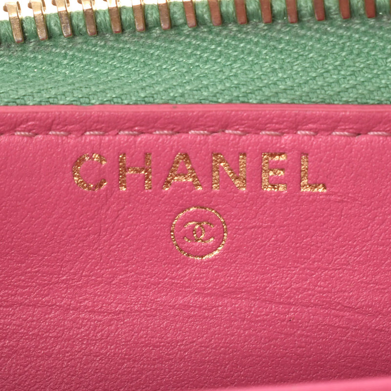 CHANEL シャネル マトラッセ フィリグリー ラウンドファスナー長財布 ピンク/グリーン ゴールド金具 レディース キャビアスキン 長財布 Bランク 中古 銀蔵