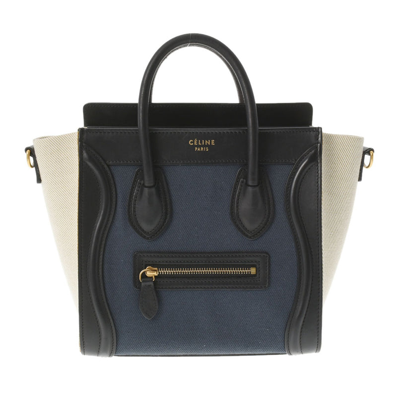 CELINE セリーヌ ラゲージ マイクロショッパー 紺 S-GA-4174 レディース キャンバス カーフ ハンドバッグ Bランク 中古 銀蔵