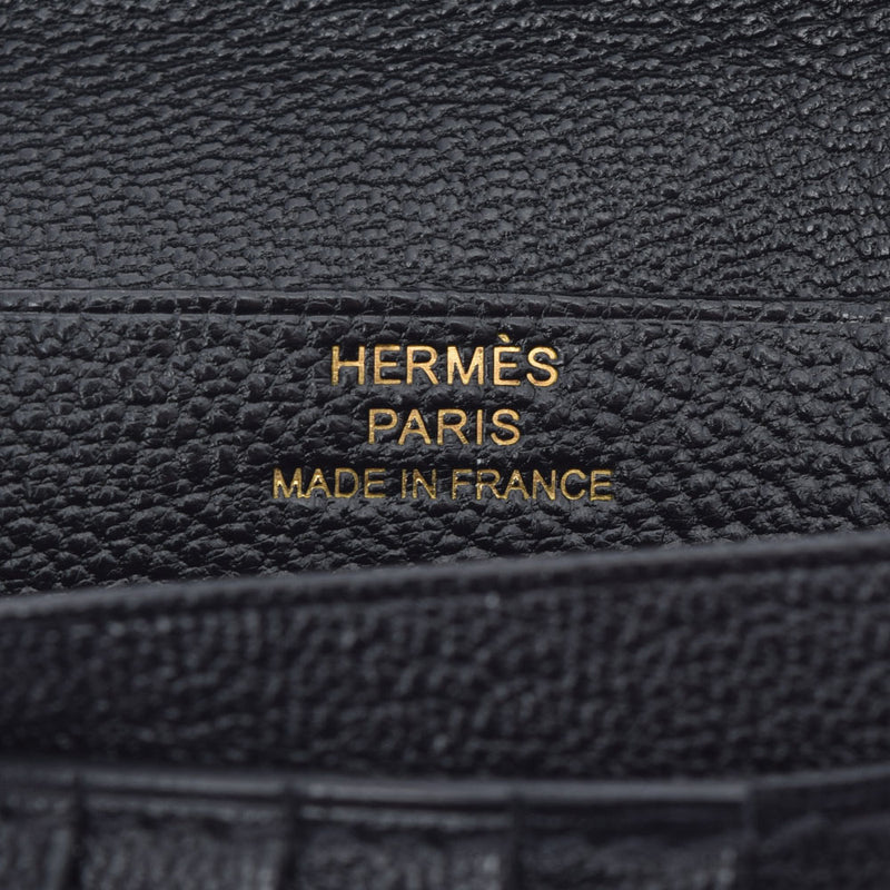 HERMES エルメス ベアン コンパクト 黒 ローズゴールド金具 Z刻印(2021年頃) ユニセックス オーストリッチ 二つ折り財布 Aランク 中古 銀蔵