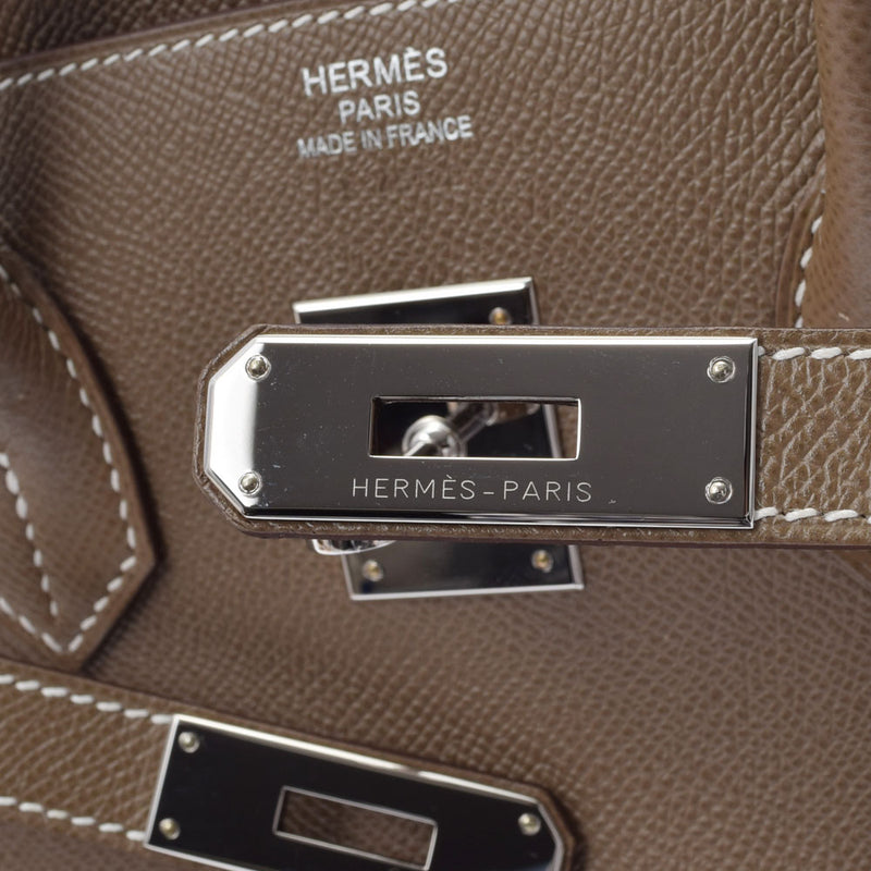 HERMES エルメス バーキン35 番号/イニシャル入り エトゥープ シルバー金具 □R刻印(2014年頃) ユニセックス ヴォーエプソン ハンドバッグ Aランク 中古 銀蔵