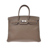 HERMES エルメス バーキン35 番号/イニシャル入り エトゥープ シルバー金具 □R刻印(2014年頃) ユニセックス ヴォーエプソン ハンドバッグ Aランク 中古 銀蔵