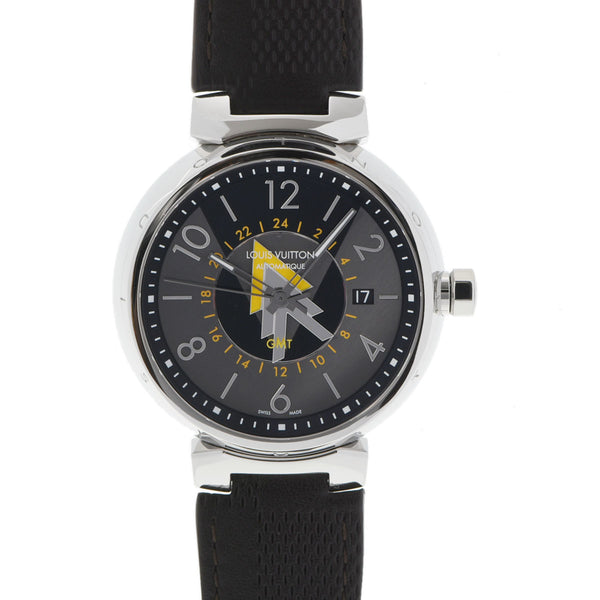 LOUIS VUITTON ルイヴィトン タンブール GMT Q1D31 メンズ SS/革 腕時計 自動巻き グレー/黒文字盤 Aランク 中古 銀蔵