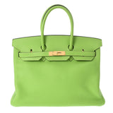 HERMES エルメス バーキン35 アップルグリーン ゴールド金具 □H刻印(2004年頃) ユニセックス トリヨンクレマンス ハンドバッグ ABランク 中古 銀蔵