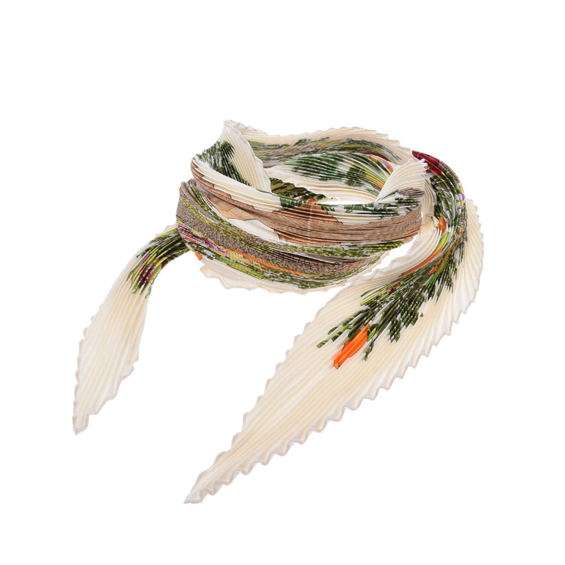 HERMES エルメス プリーツスカーフ 植物柄 白/緑 レディース シルク100％ スカーフ Aランク 中古 銀蔵