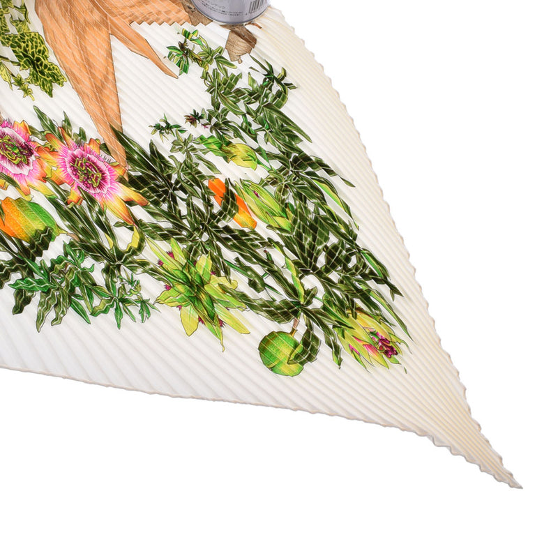 HERMES エルメス プリーツスカーフ 植物柄 白/緑 レディース シルク100％ スカーフ Aランク 中古 銀蔵