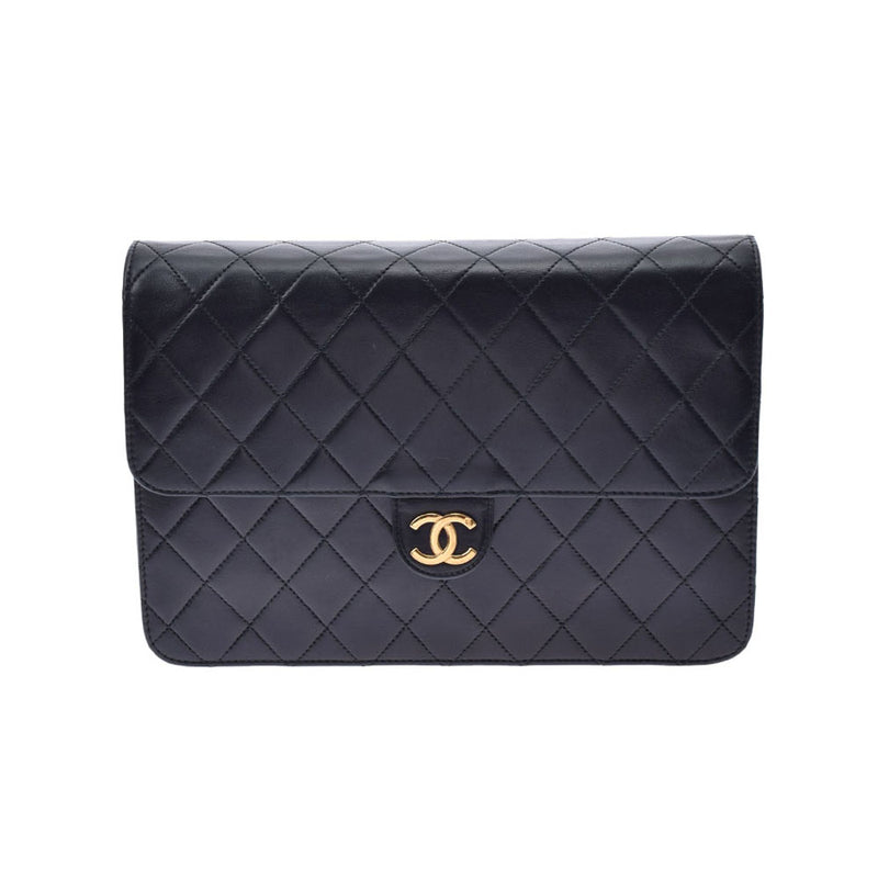 CHANEL シャネル マトラッセ プッシュロック チェーンショルダー 25cm 黒 ゴールド金具 レディース ラムスキン ショルダーバッグ Aランク 中古 銀蔵