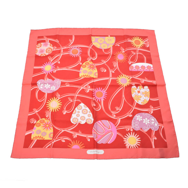 フェラガモ花柄 赤 レディース シルク100％ スカーフ SALVATORE