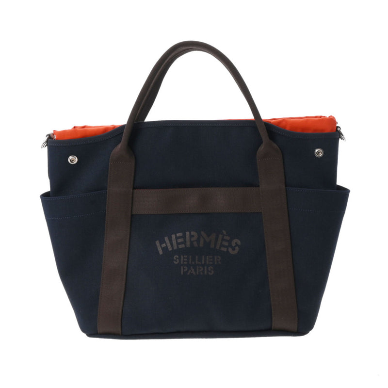 HERMES エルメス サックドパンサージュ グルーム ネイビー/ブラウン/オレンジ U刻印(2022年頃) レディース キャンバス トートバッグ 新同 中古 銀蔵