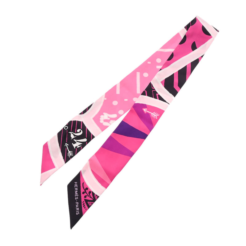 HERMES エルメス ツイリー JEU DE SOIE 新タグ ピンク/黒 レディース シルク100％ スカーフ ABランク 中古 銀蔵