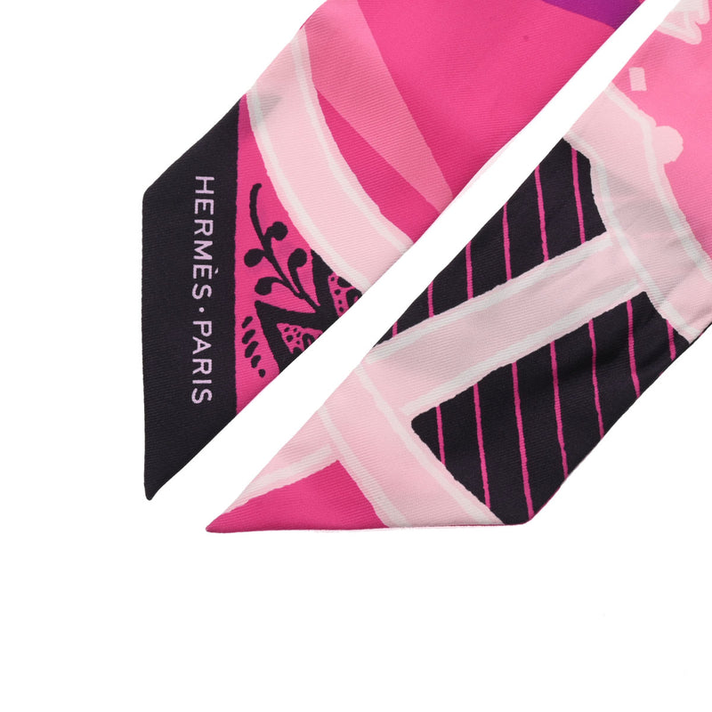 HERMES エルメス ツイリー JEU DE SOIE 新タグ ピンク/黒 レディース シルク100％ スカーフ ABランク 中古 銀蔵