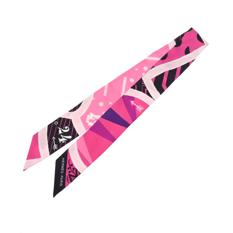 HERMES エルメス ツイリー JEU DE SOIE 新タグ ピンク/黒 レディース シルク100％ スカーフ ABランク 中古 銀蔵