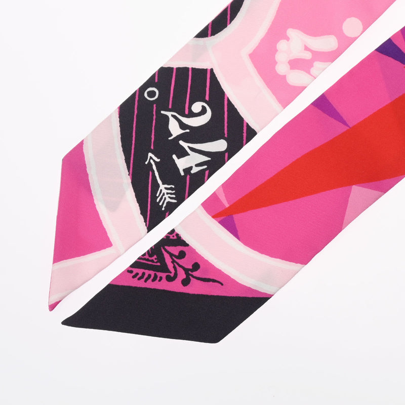 HERMES エルメス ツイリー JEU DE SOIE 新タグ ピンク/黒 レディース シルク100％ スカーフ ABランク 中古 銀蔵